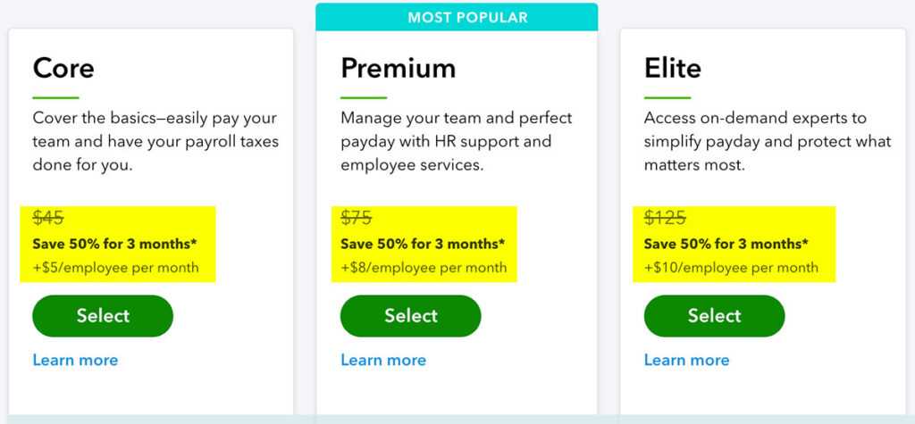 quickbooks payroll cost core premium elite