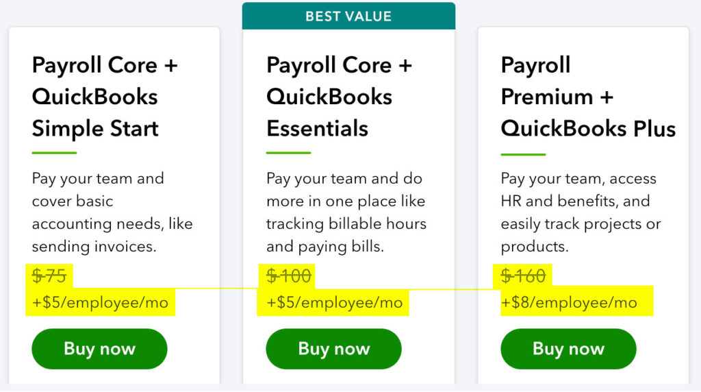 quickbooks payroll core premium cost